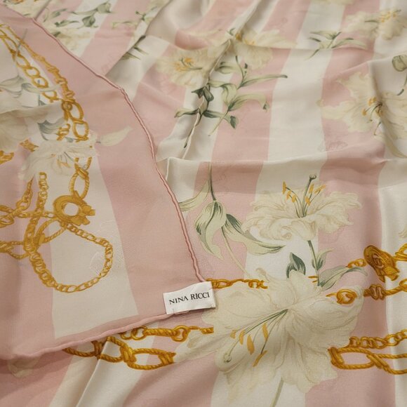 Vintage Nina Ricci Silk Scarf Large Square Scarf with Flowers - Picture 4 of 5